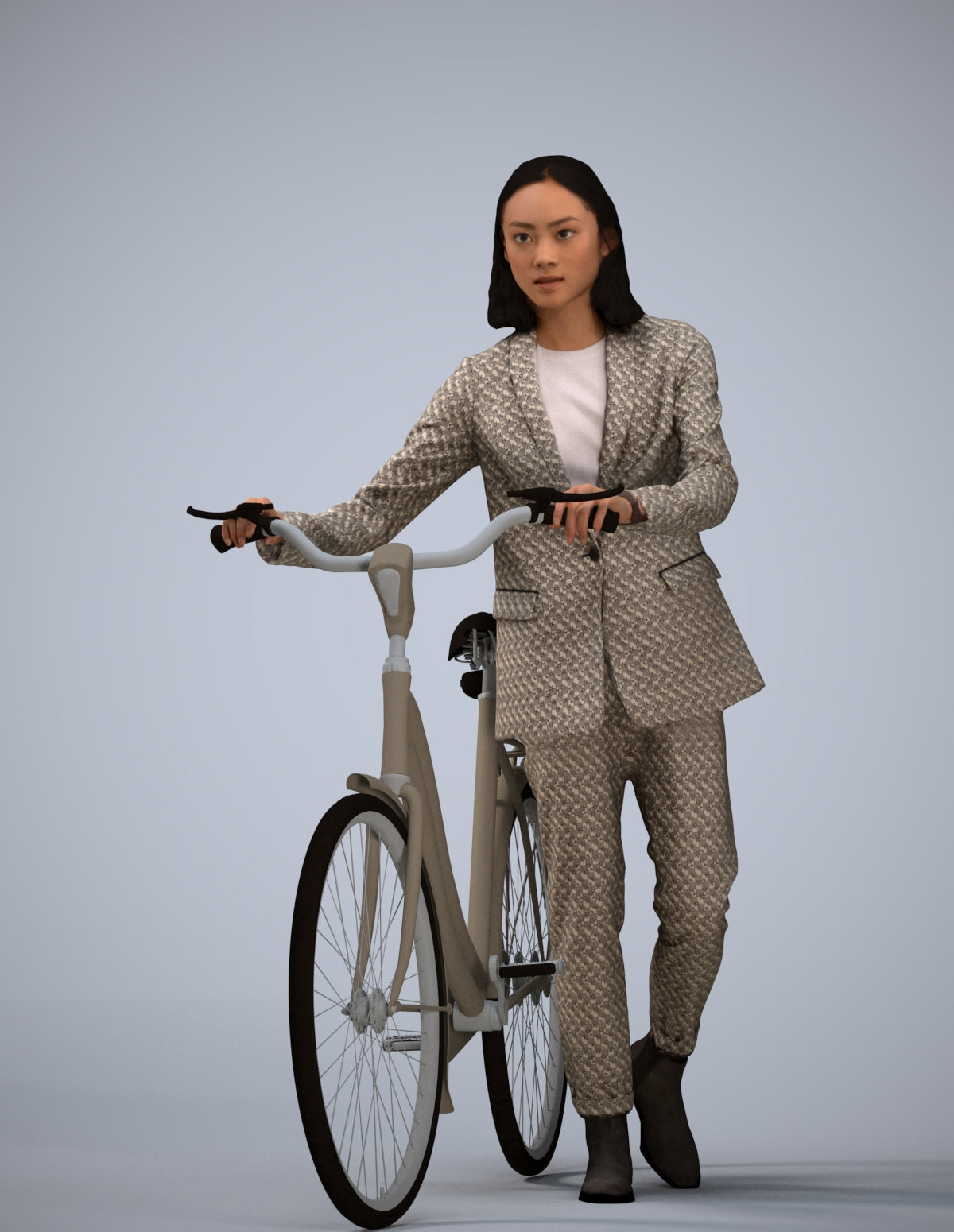 realistic 3D woman business cycling, scanned archviz people for Blender and 3ds Max