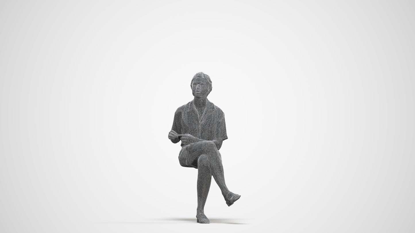 scanned 3D woman casual sitting, photogrammetry people for Enscape and V-Ray, three-quarter front view render