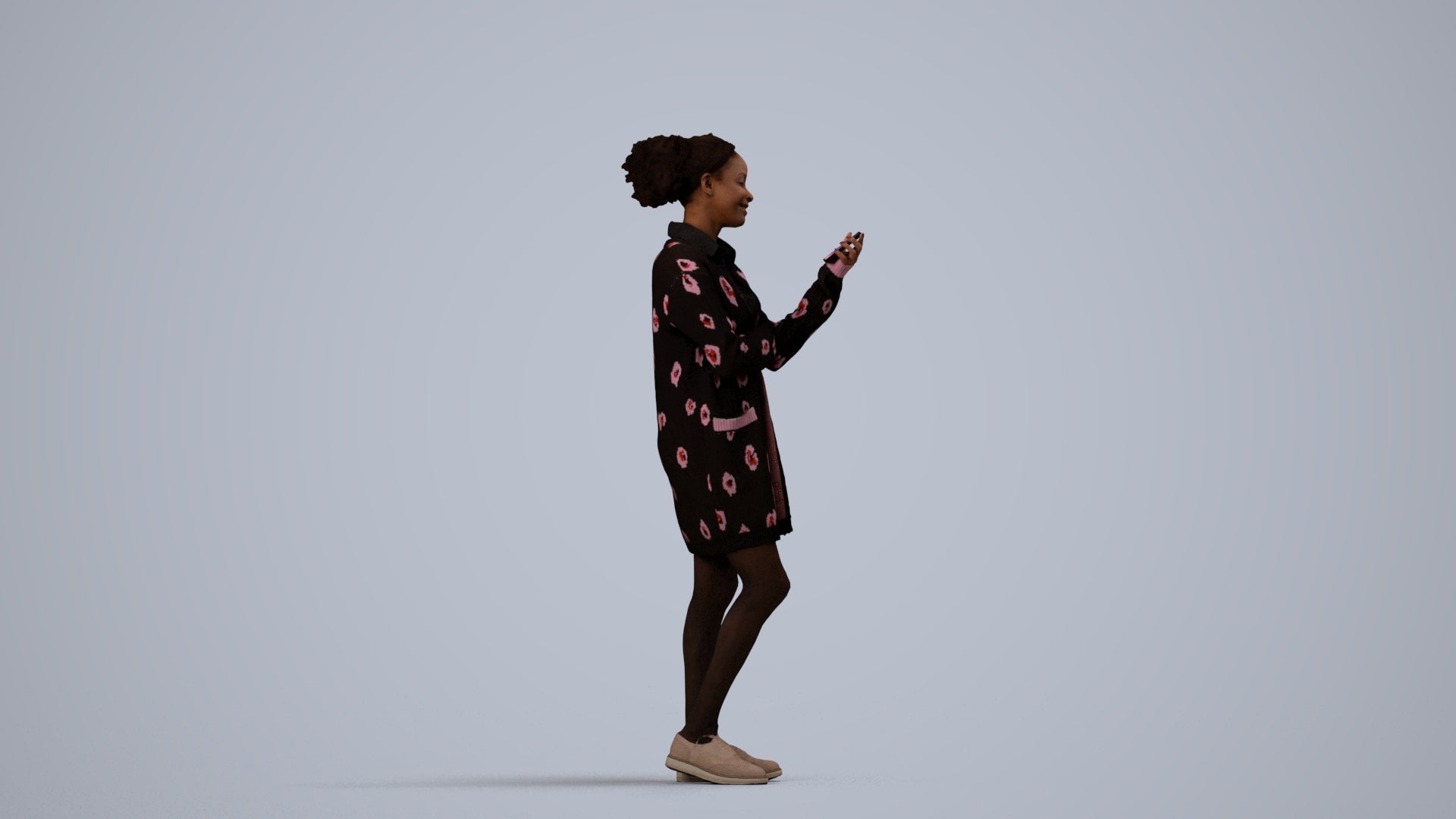 realistic 3D woman casual standing, scanned archviz people for Blender and 3ds Max, side view render