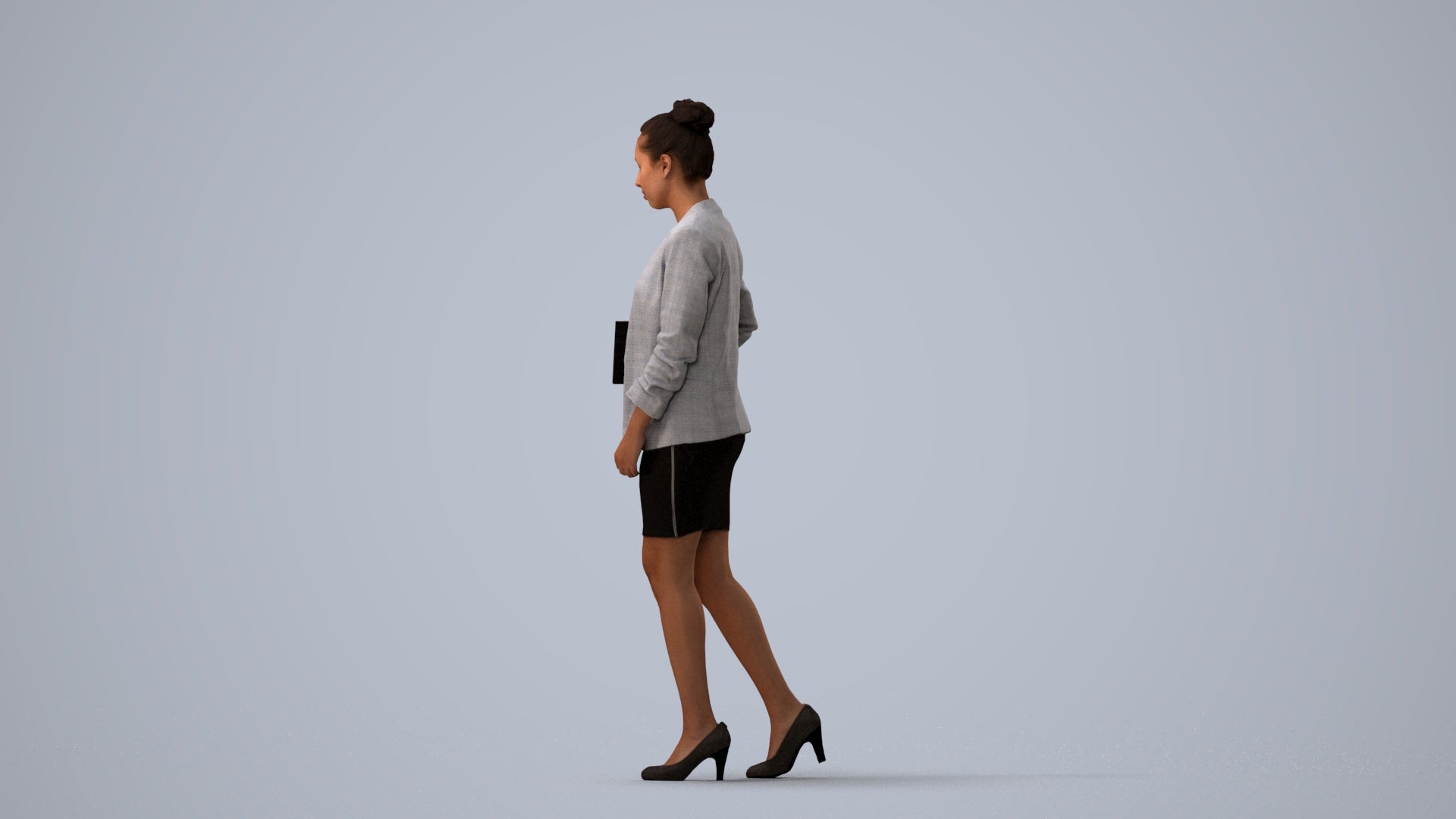 3D human model woman business, photogrammetry scanned person for archviz, three-quarter view render