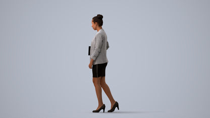 3D human model woman business, photogrammetry scanned person for archviz, three-quarter view render