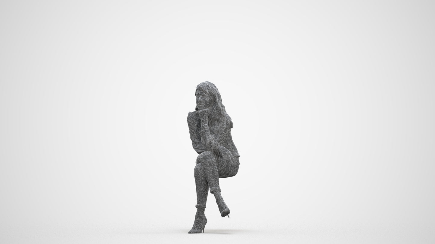 realistic 3D human woman casual sitting, archviz people FBX OBJ for Blender, three-quarter front view render