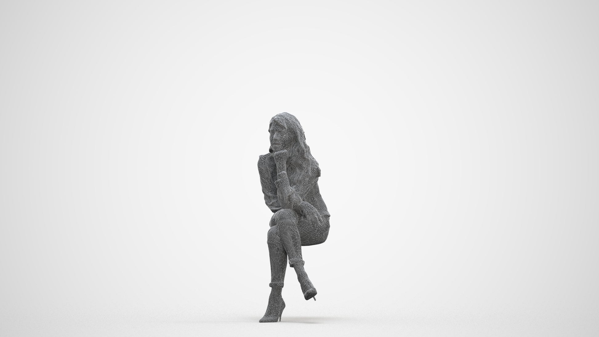 realistic 3D human woman casual sitting, archviz people FBX OBJ for Blender, three-quarter front view render
