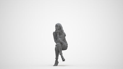 realistic 3D human woman casual sitting, archviz people FBX OBJ for Blender, three-quarter front view render