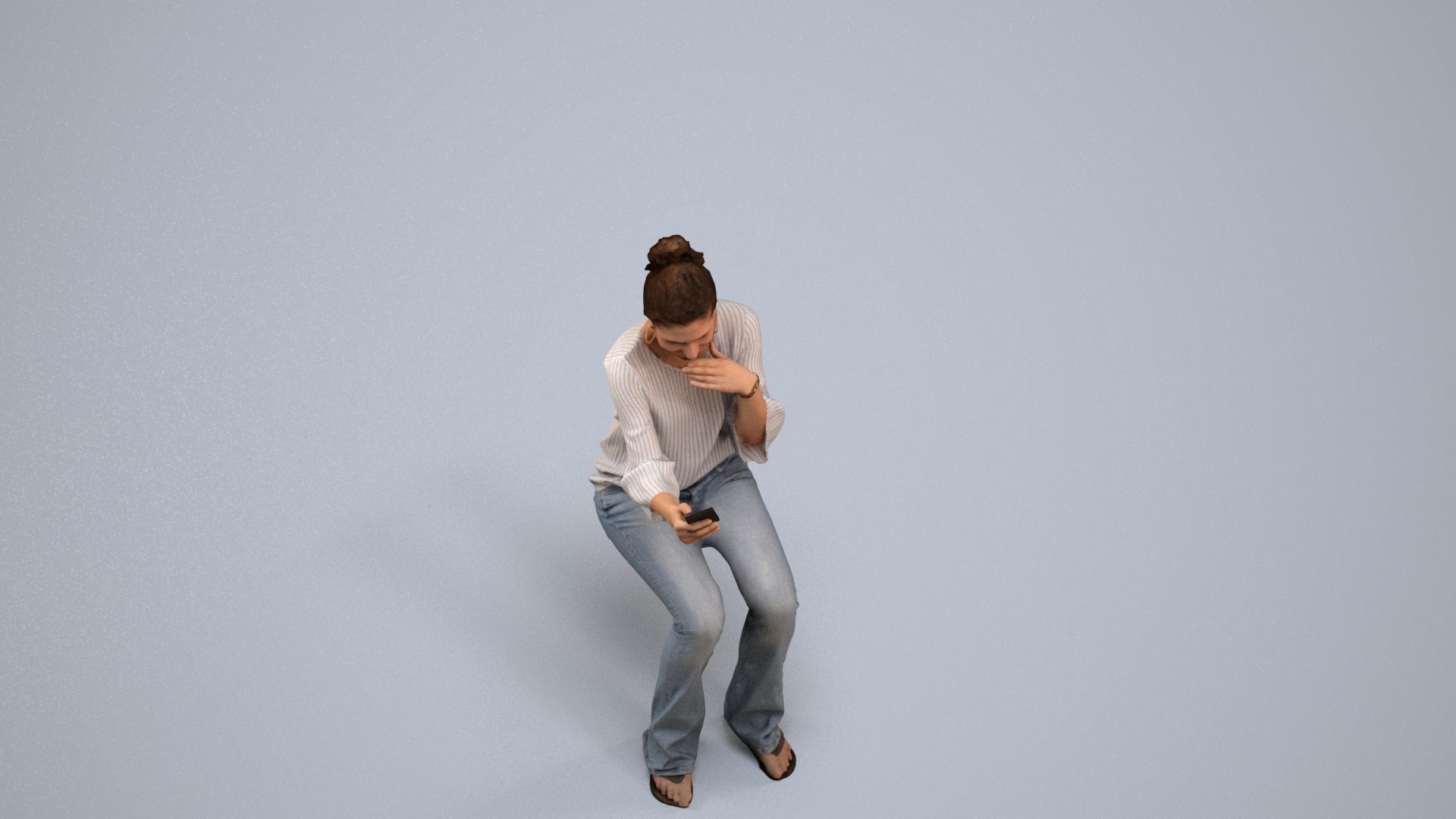 realistic 3D woman casual sitting, scanned archviz people for Blender and 3ds Max, back view render