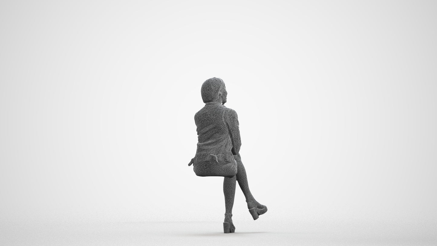 3D human model woman casual sitting, photogrammetry scanned person for archviz, wireframe front view