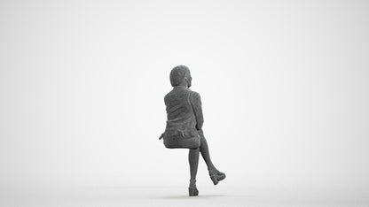 3D human model woman casual sitting, photogrammetry scanned person for archviz, wireframe front view