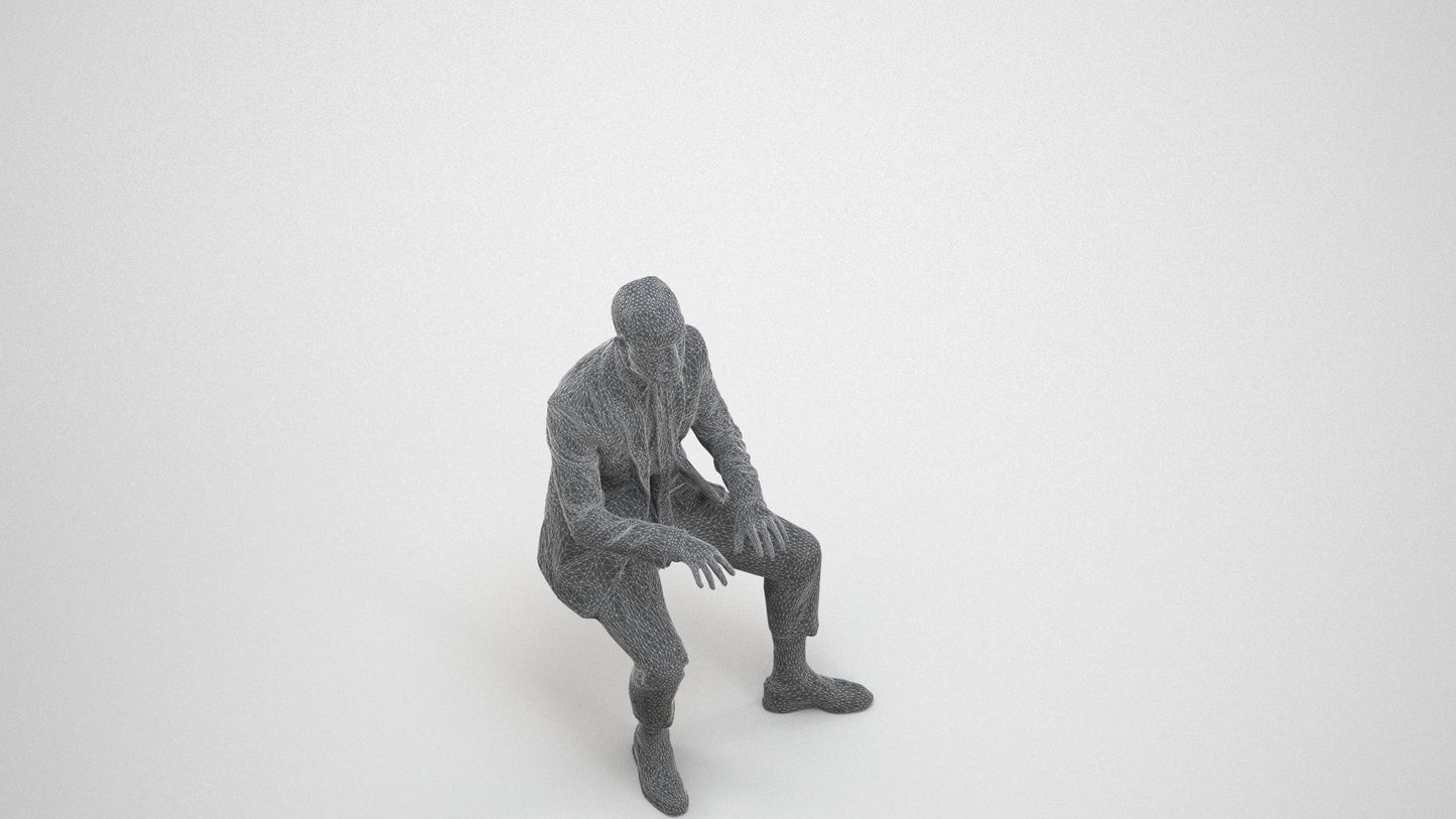 3D human model man business, photogrammetry scanned person for archviz, wireframe three-quarter view
