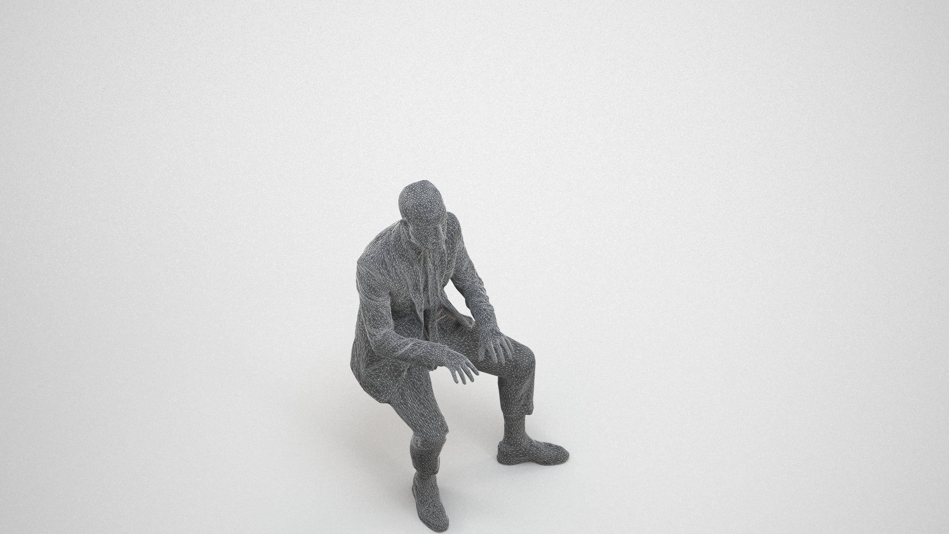 3D human model man business, photogrammetry scanned person for archviz, wireframe three-quarter view