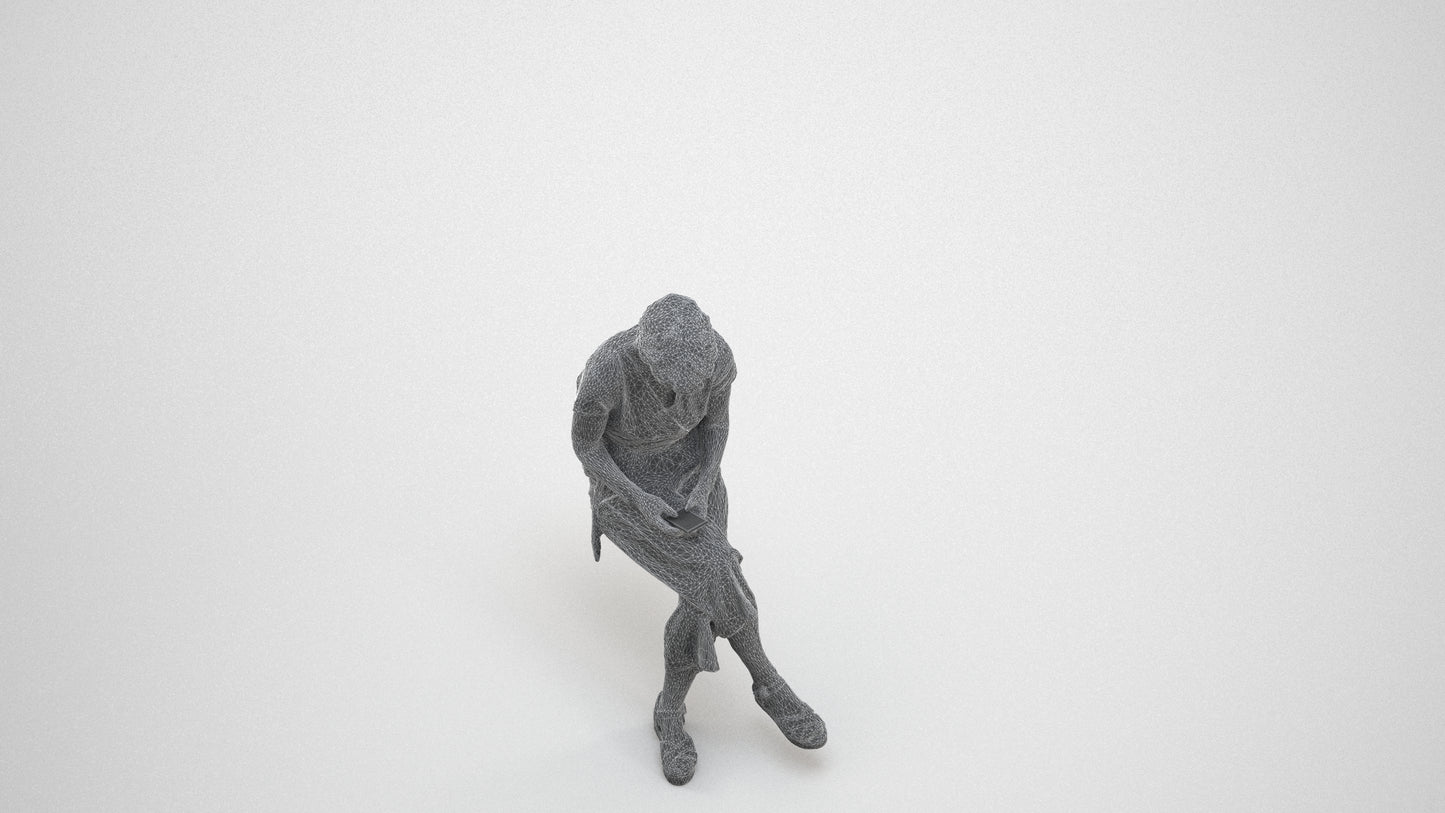 photogrammetry 3D senior woman casual sitting, realistic human model archviz FBX, wireframe three-quarter view