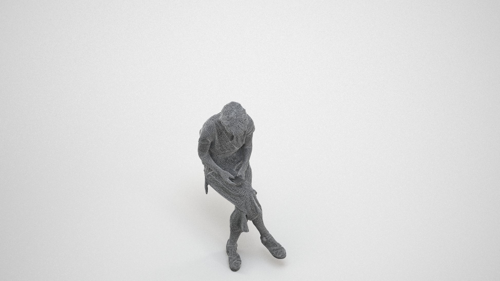 photogrammetry 3D senior woman casual sitting, realistic human model archviz FBX, wireframe three-quarter view