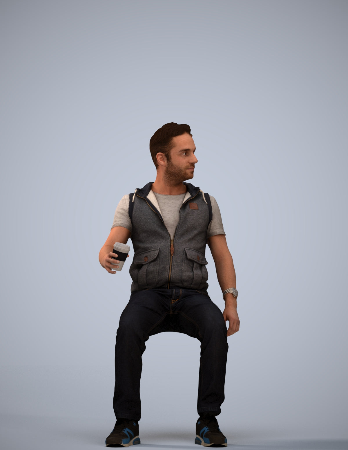 scanned 3D man casual sitting, photogrammetry people for Enscape and V-Ray