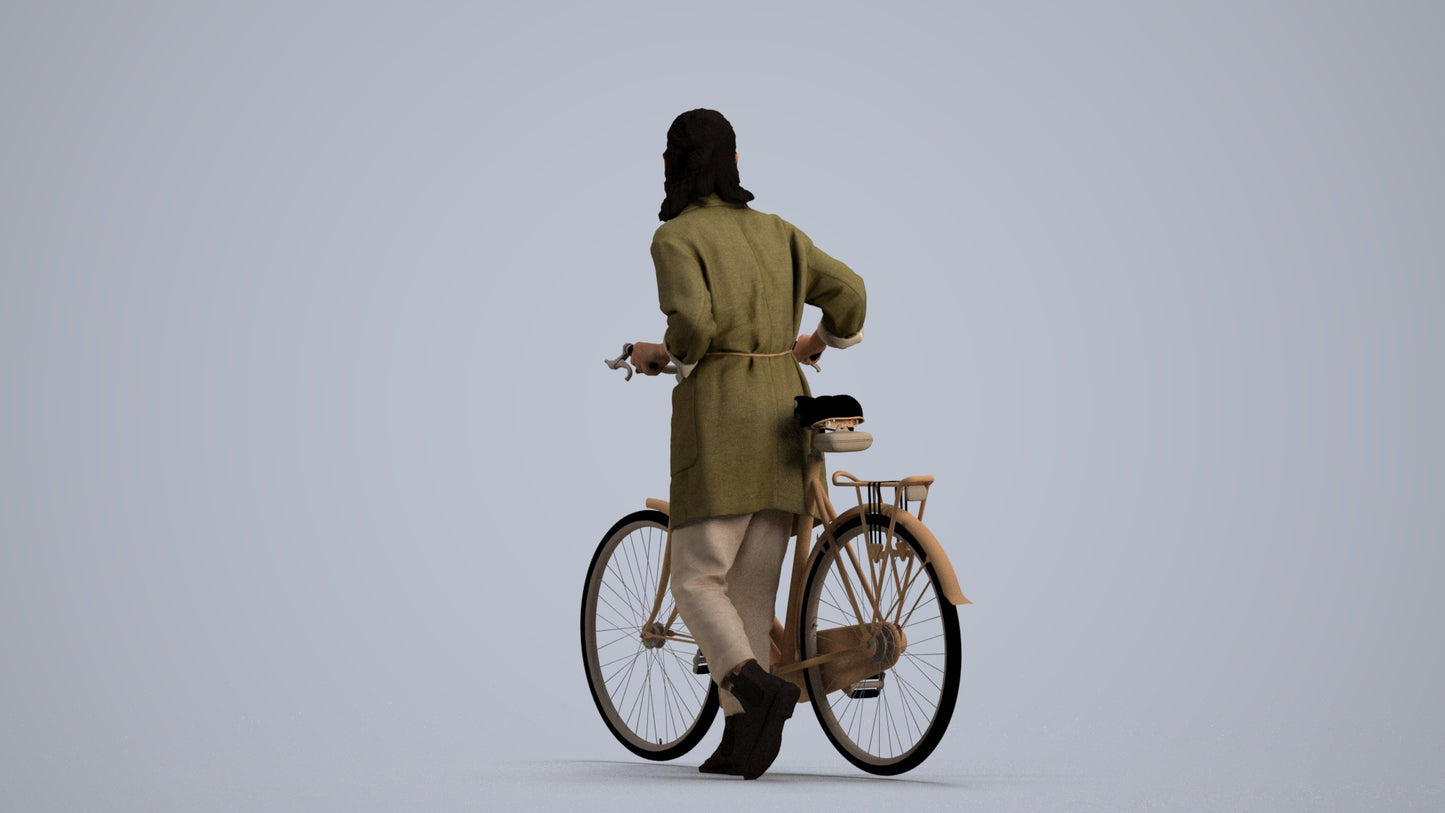 3D human model woman casual cycling, photogrammetry scanned person for archviz, front view render