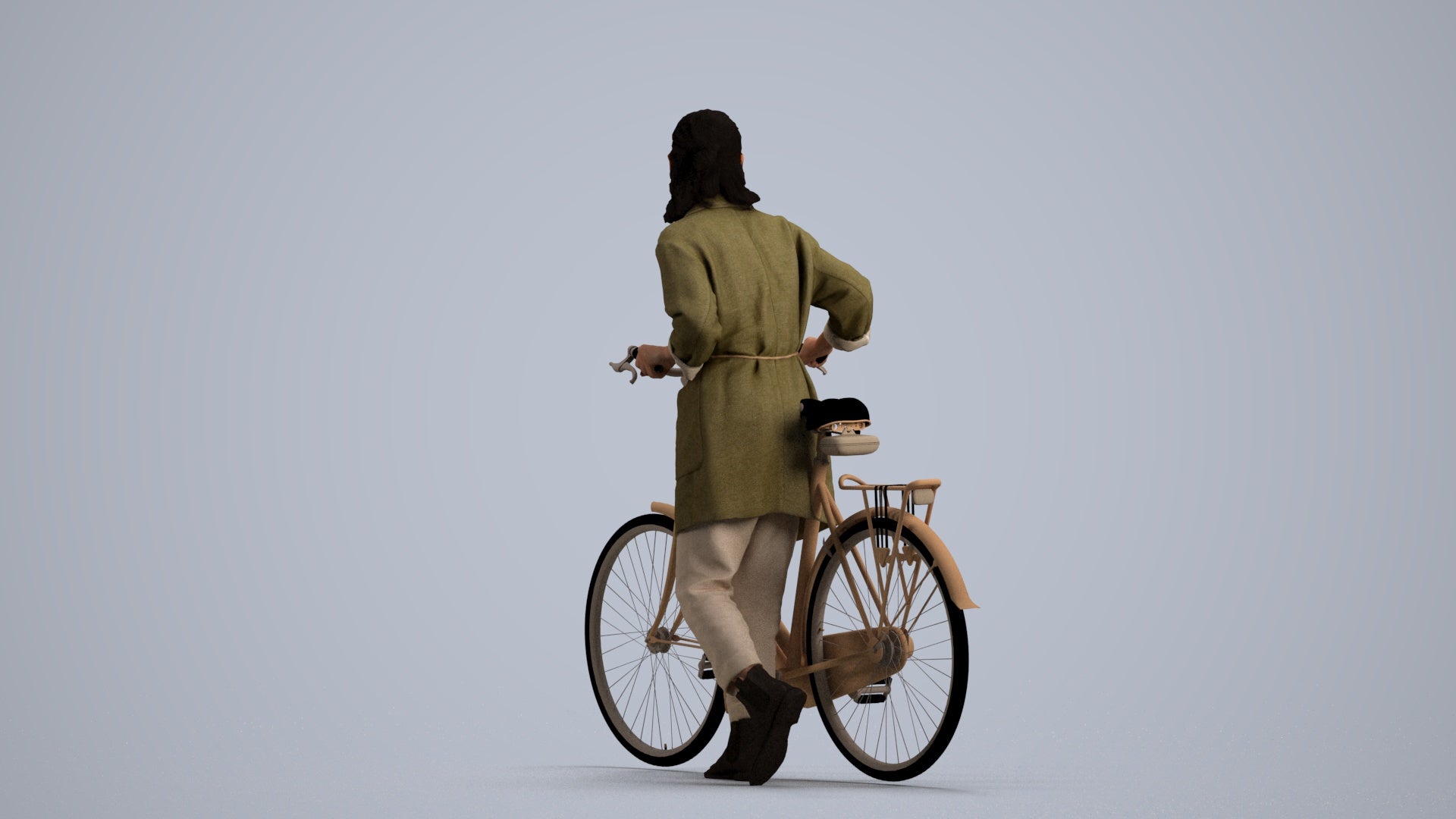 3D human model woman casual cycling, photogrammetry scanned person for archviz, front view render