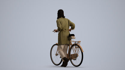3D human model woman casual cycling, photogrammetry scanned person for archviz, front view render