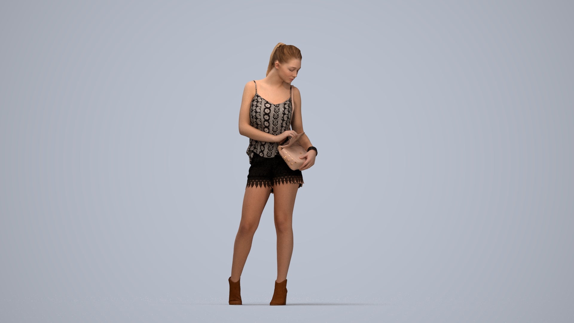 3D people model girl casual standing, scanned human for 3ds Max rendering, top-down view render