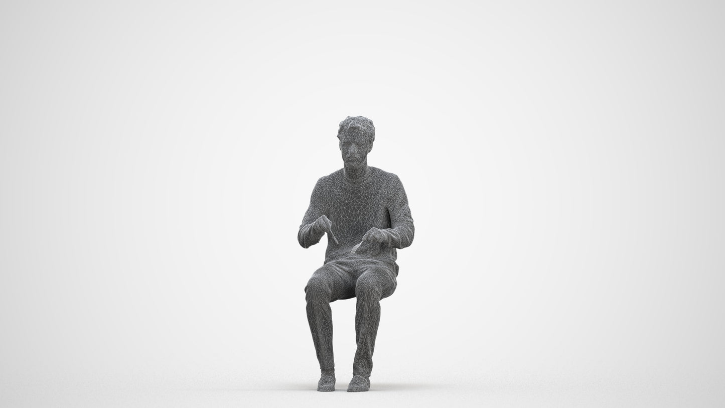 scanned 3D man casual sitting, photogrammetry people for Enscape and V-Ray, three-quarter front view render
