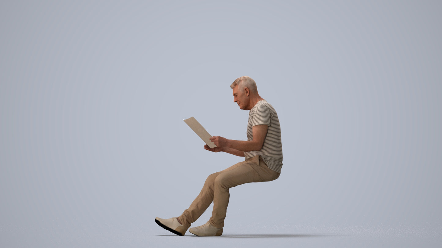 realistic 3D people senior man casual sitting, render-ready for V-Ray and Corona, FBX OBJ, three-quarter view render