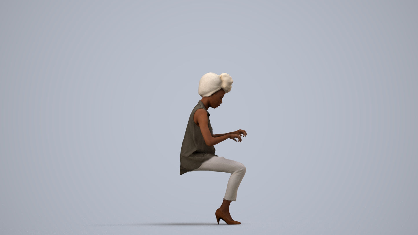scanned 3D woman casual sitting, photogrammetry people for Enscape and V-Ray, side view render
