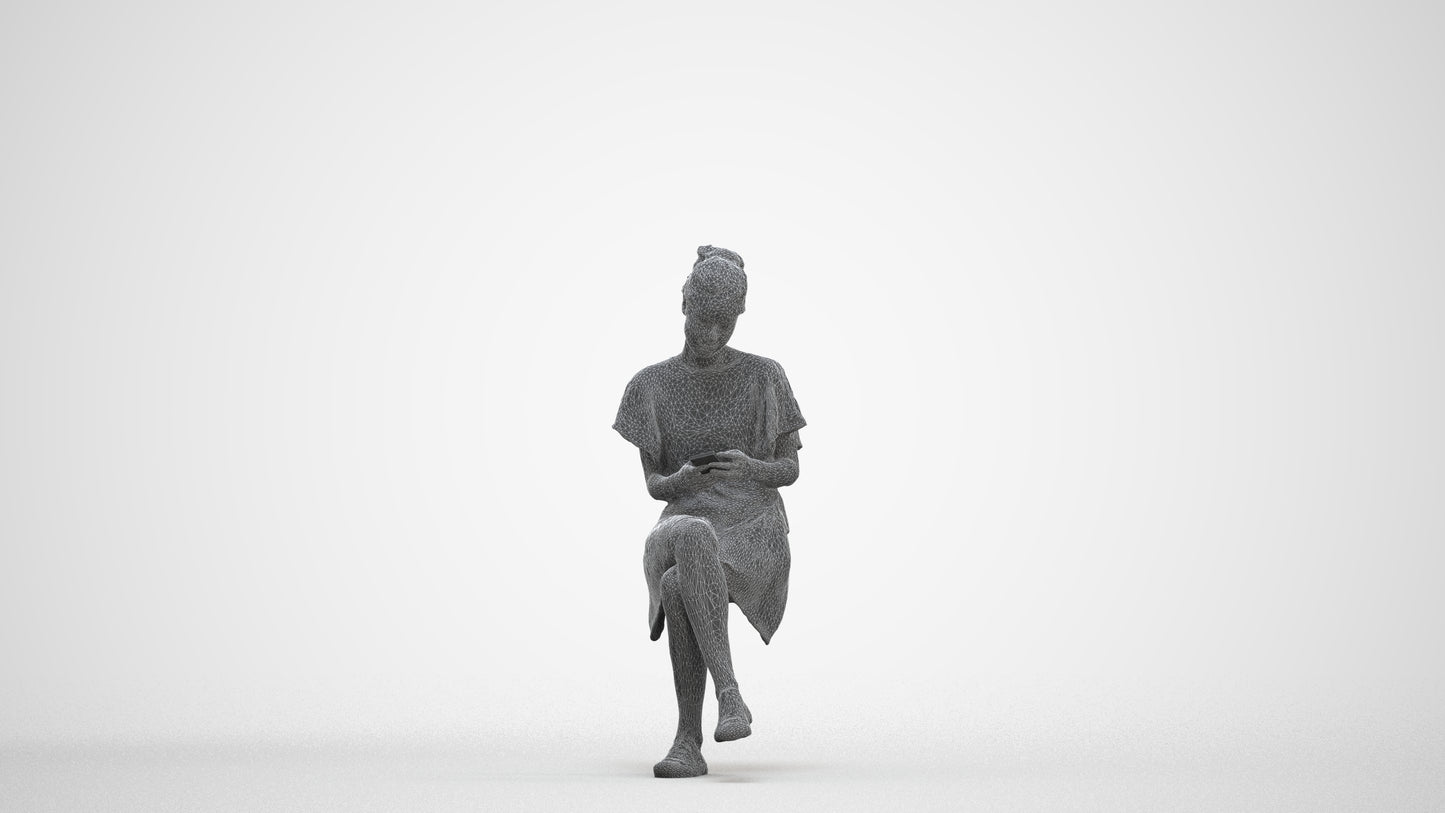 realistic 3D human woman casual sitting, archviz people FBX OBJ for Blender, three-quarter front view render