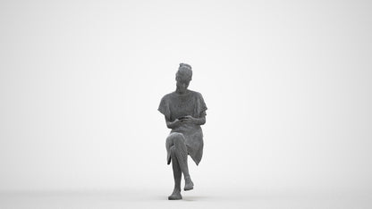 realistic 3D human woman casual sitting, archviz people FBX OBJ for Blender, three-quarter front view render