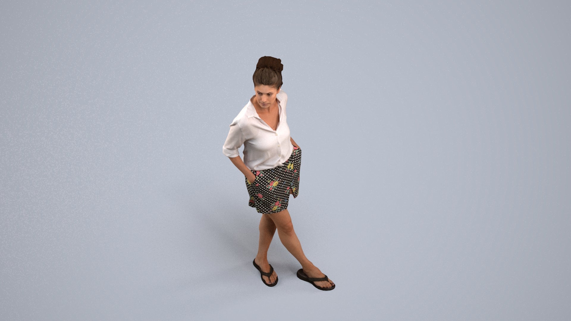 realistic 3D human woman casual standing, archviz people FBX OBJ for Blender, back view render