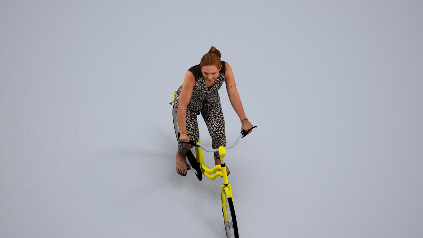 realistic 3D human woman casual cycling, archviz people FBX OBJ for Blender, back view render