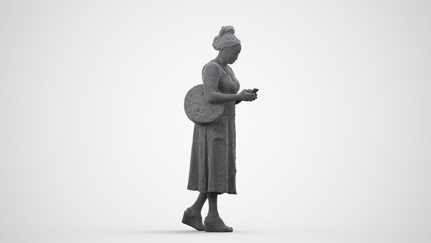 realistic 3D woman casual standing, scanned archviz people for Blender and 3ds Max, wireframe side view
