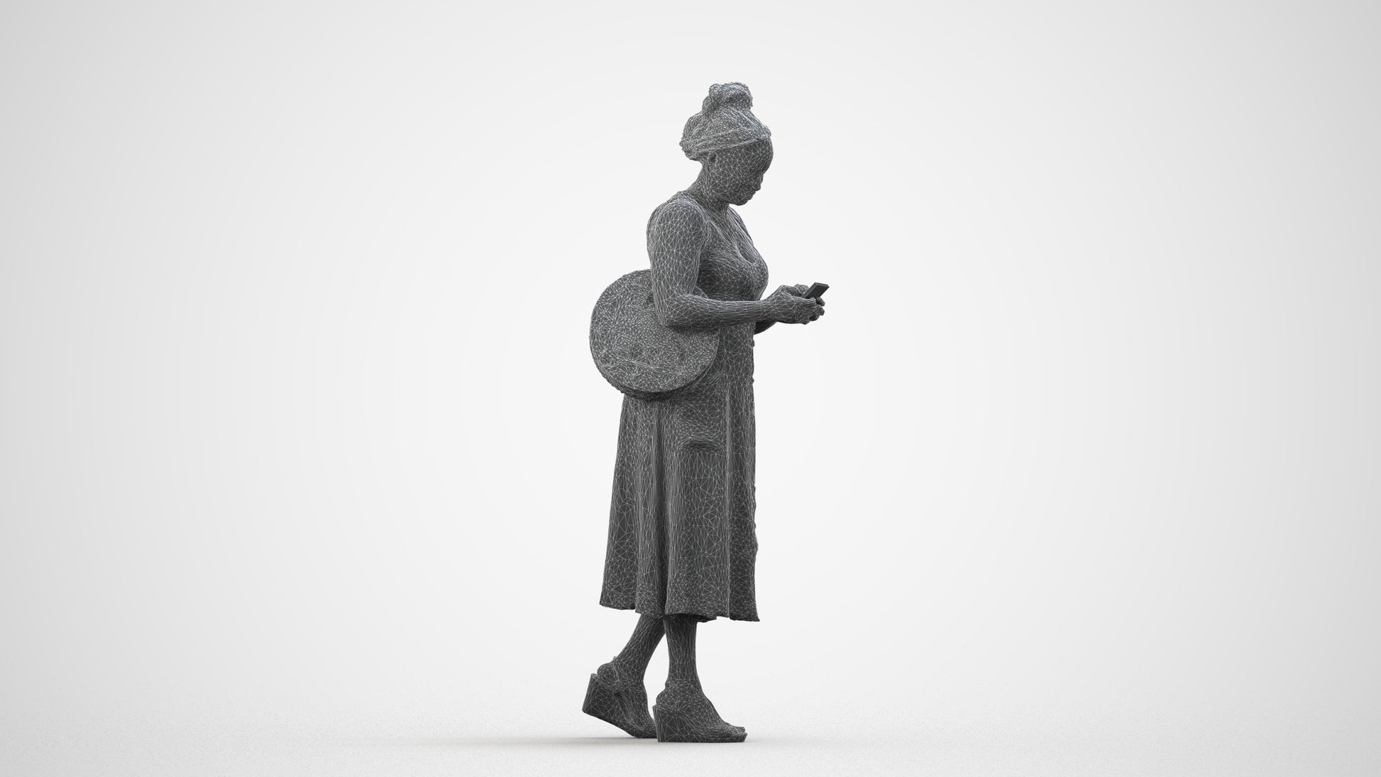 realistic 3D woman casual standing, scanned archviz people for Blender and 3ds Max, wireframe side view