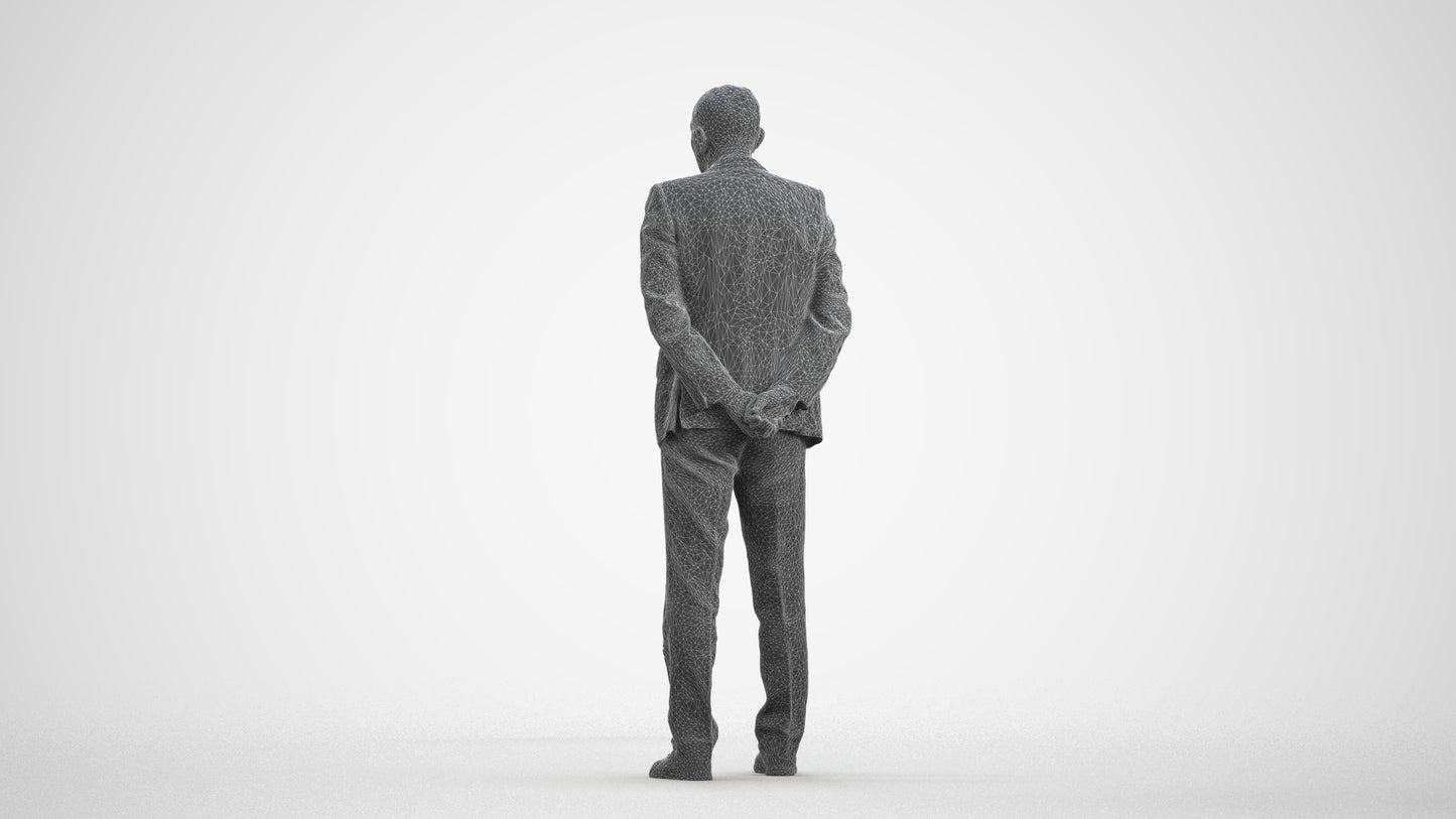 realistic 3D senior man business standing, scanned archviz people for Blender and 3ds Max, wireframe front view