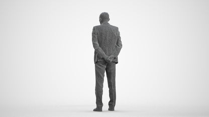 realistic 3D senior man business standing, scanned archviz people for Blender and 3ds Max, wireframe front view