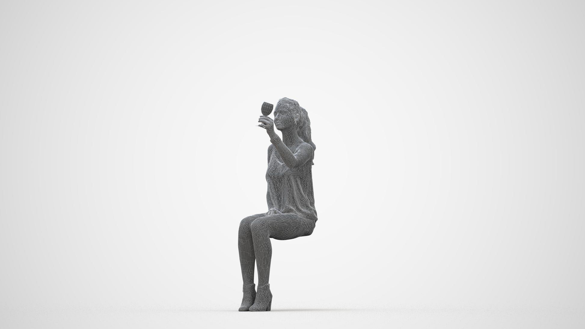realistic 3D people girl casual sitting, render-ready for V-Ray and Corona, FBX OBJ, wireframe back view