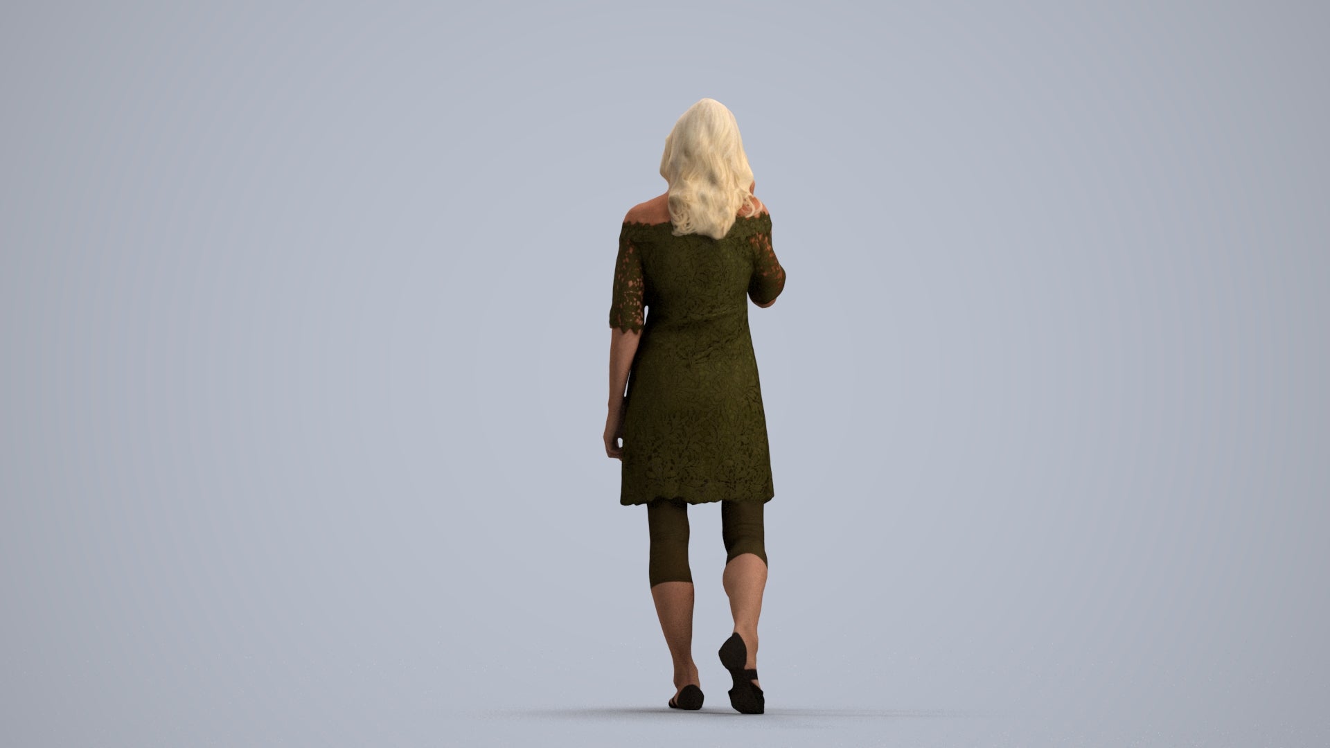 3D human model senior woman casual walking, photogrammetry scanned person for archviz, front view render