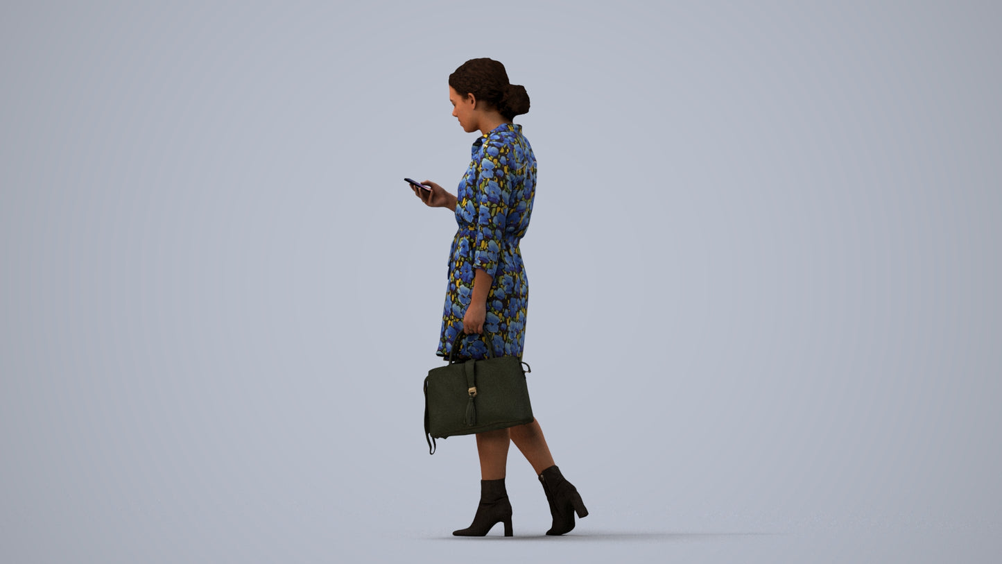 realistic 3D woman casual walking, scanned archviz people for Blender and 3ds Max, three-quarter view render