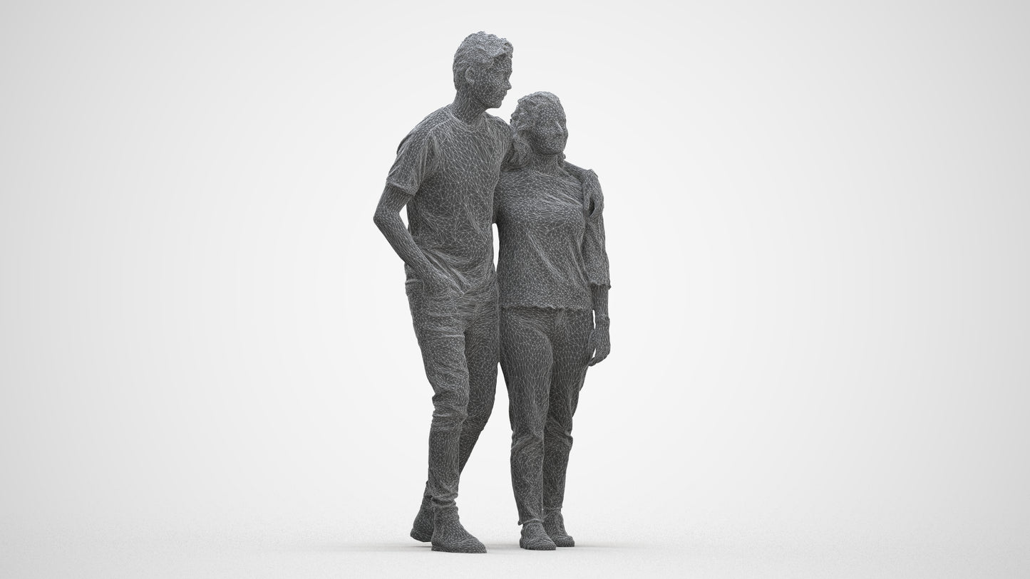 3D human model woman casual couple, photogrammetry scanned person for archviz, three-quarter front view render