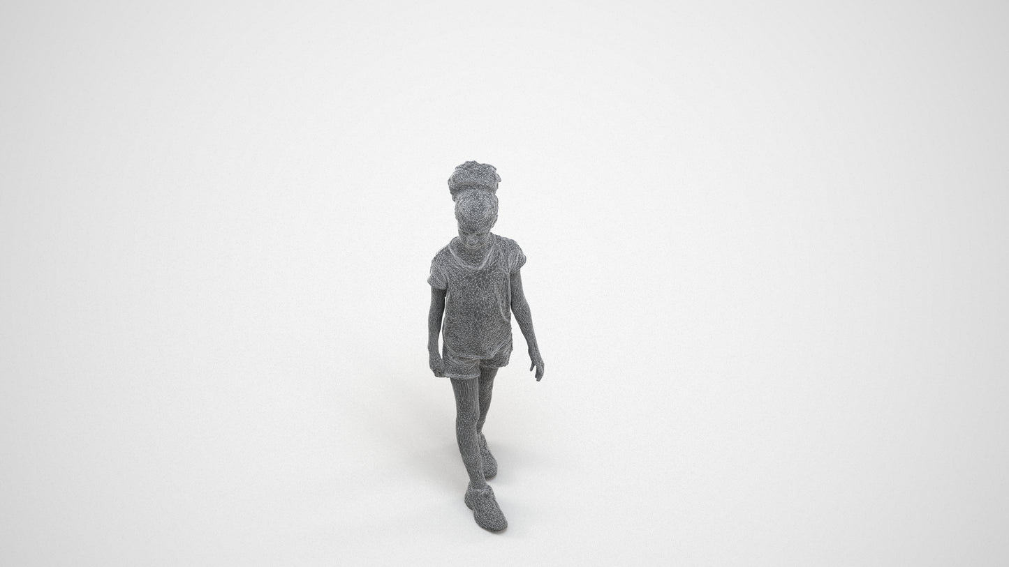 realistic 3D human girl casual kids, archviz people FBX OBJ for Blender, wireframe three-quarter view