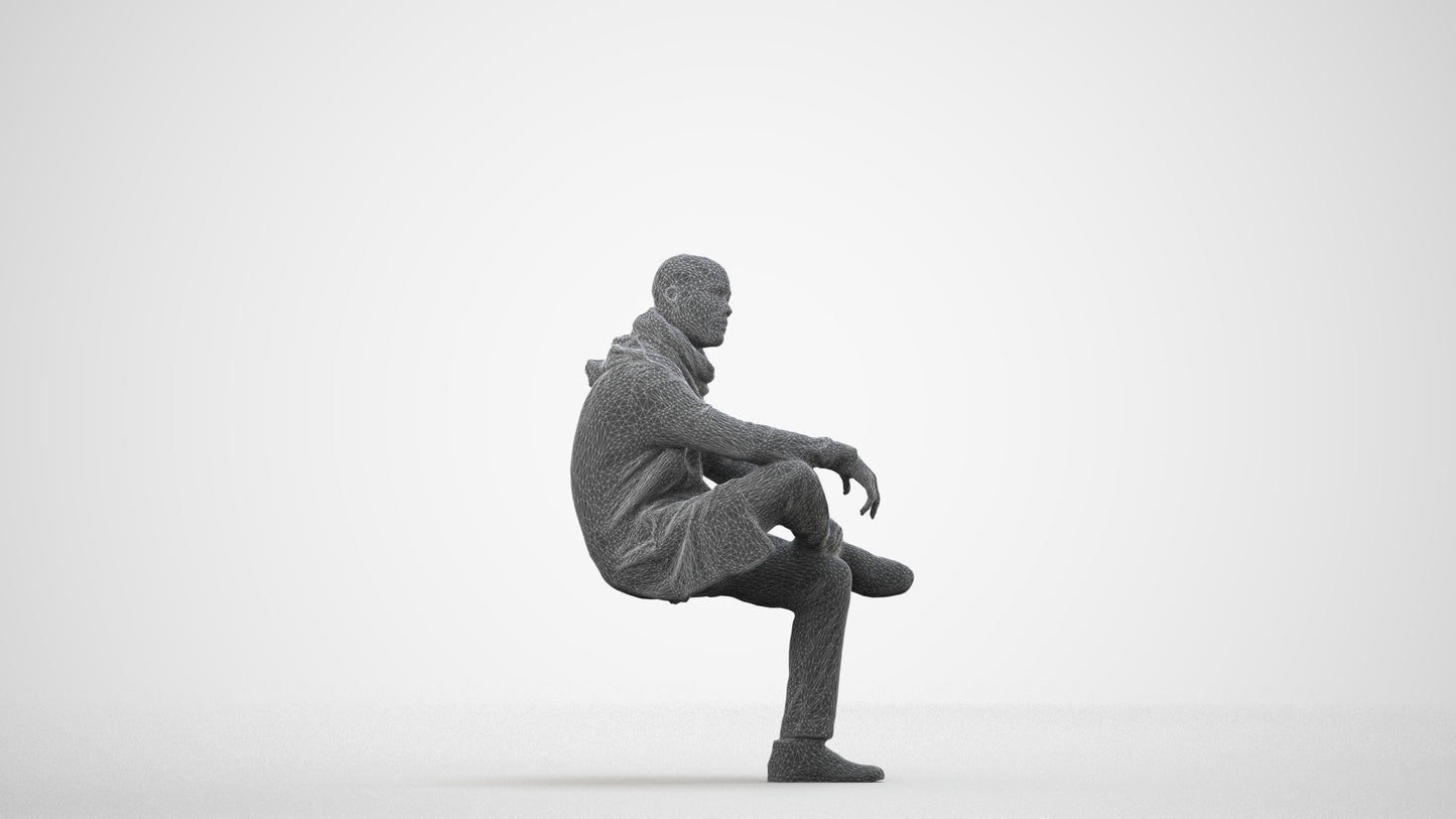 3D people model man casual sitting, scanned human for 3ds Max rendering, wireframe side view