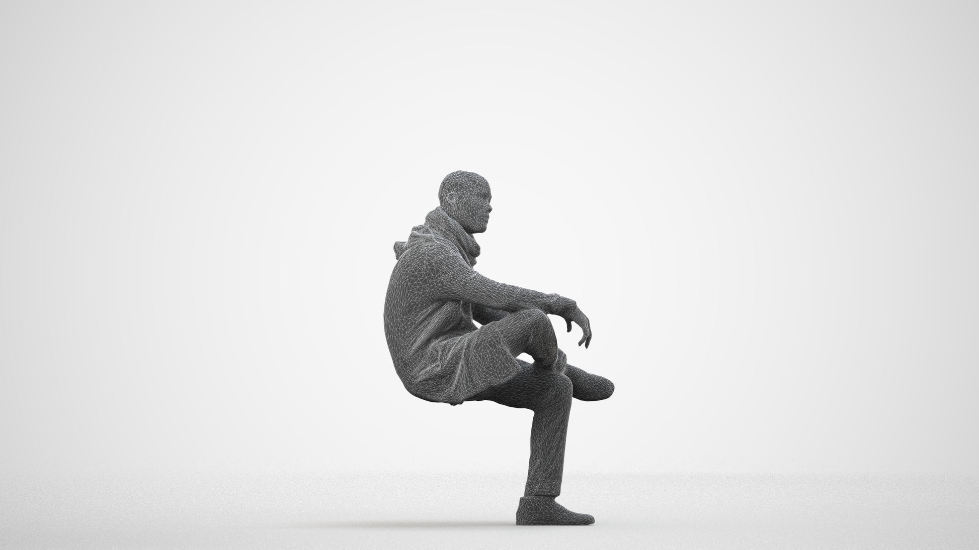 3D people model man casual sitting, scanned human for 3ds Max rendering, wireframe side view