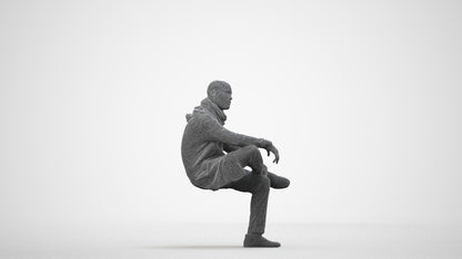 3D people model man casual sitting, scanned human for 3ds Max rendering, wireframe side view