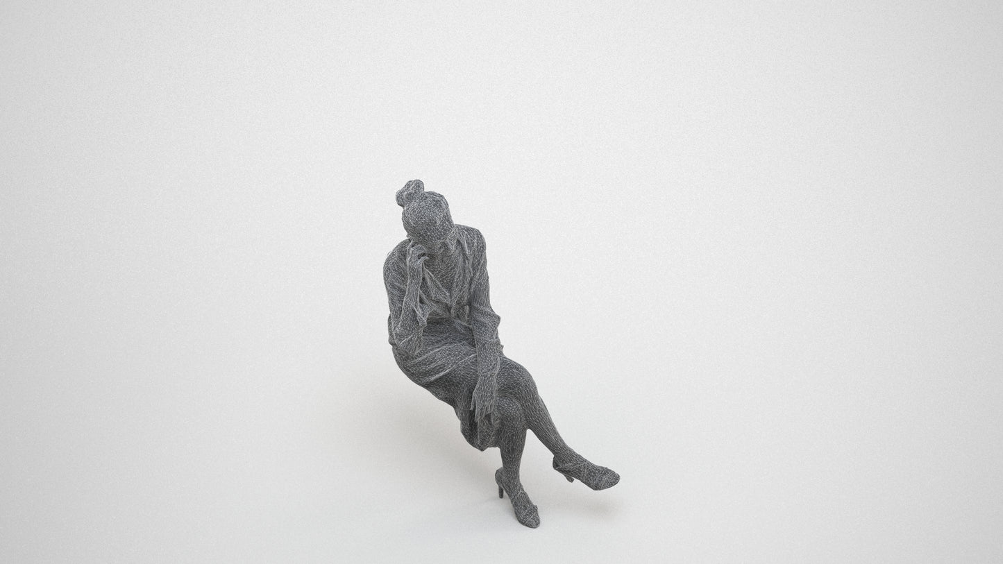 realistic 3D woman casual sitting, scanned archviz people for Blender and 3ds Max, wireframe three-quarter view