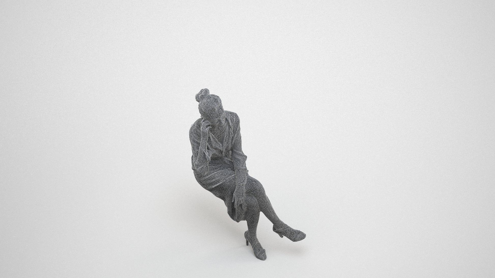 realistic 3D woman casual sitting, scanned archviz people for Blender and 3ds Max, wireframe three-quarter view