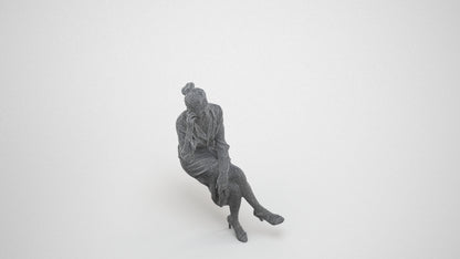 realistic 3D woman casual sitting, scanned archviz people for Blender and 3ds Max, wireframe three-quarter view