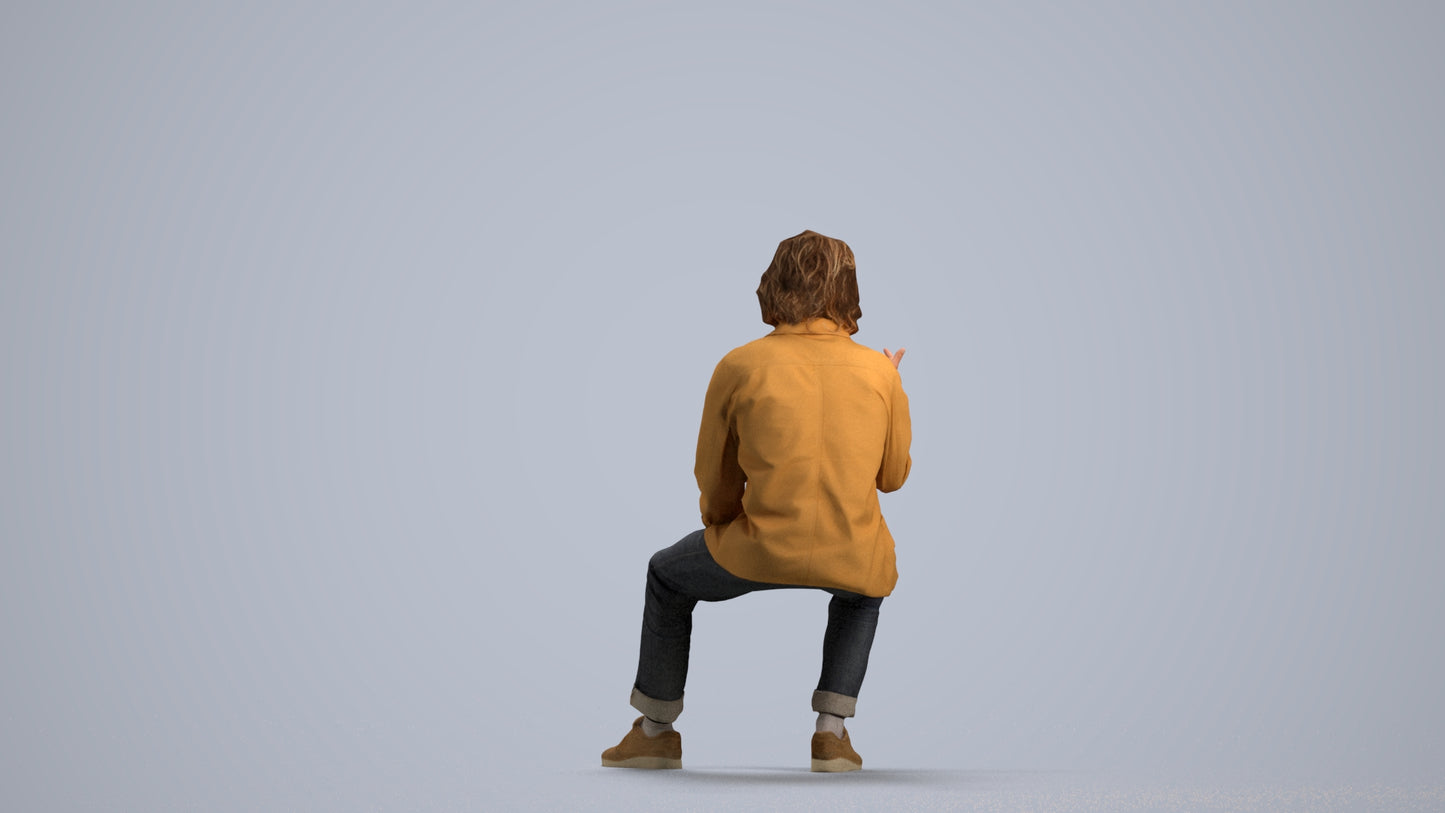 realistic 3D man casual sitting, scanned archviz people for Blender and 3ds Max, front view render