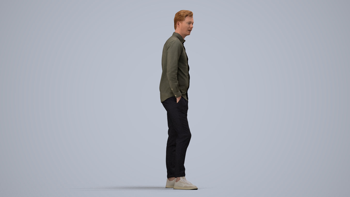 realistic 3D human man casual standing, archviz people FBX OBJ for Blender, side view render