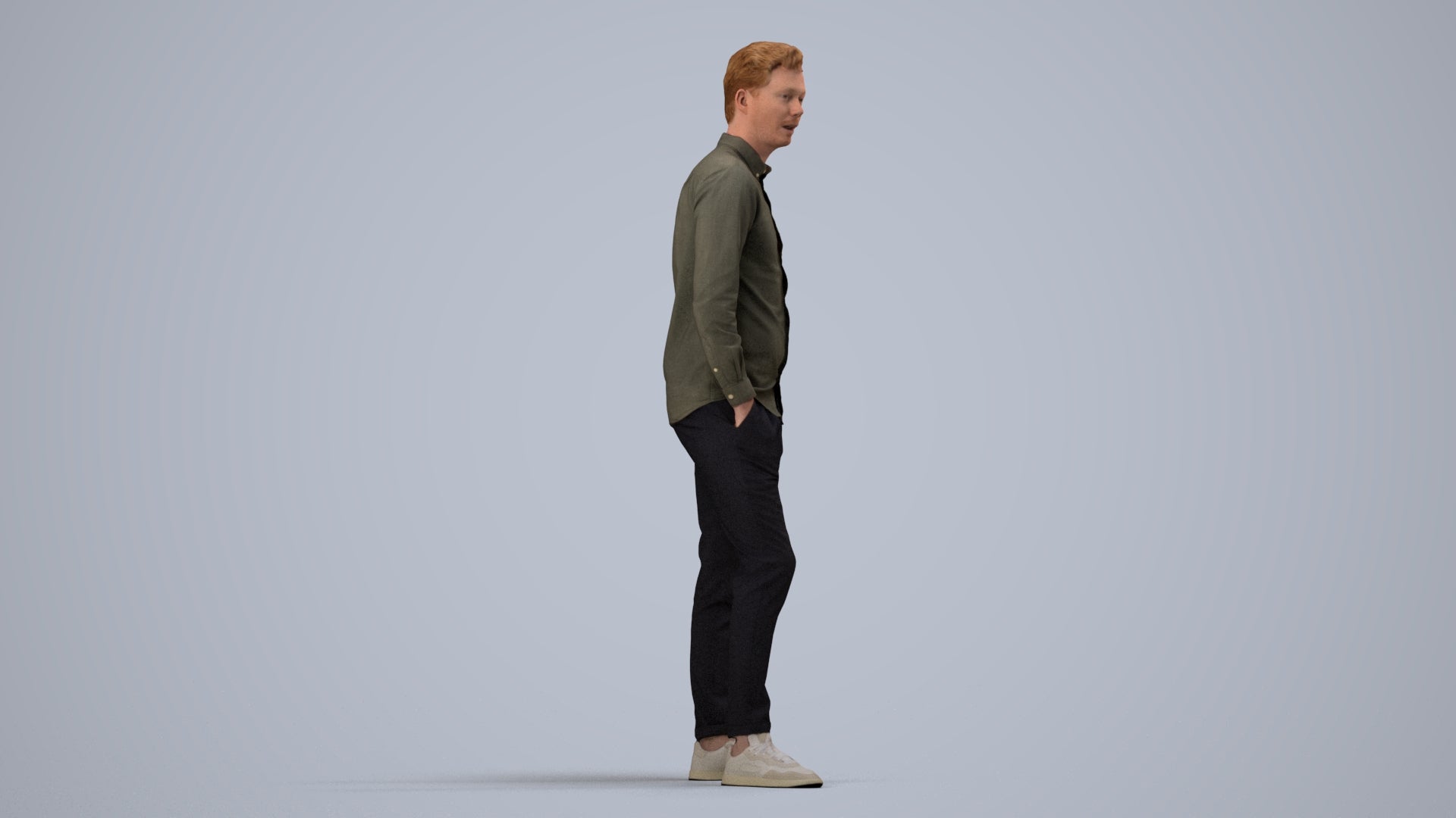 realistic 3D human man casual standing, archviz people FBX OBJ for Blender, side view render