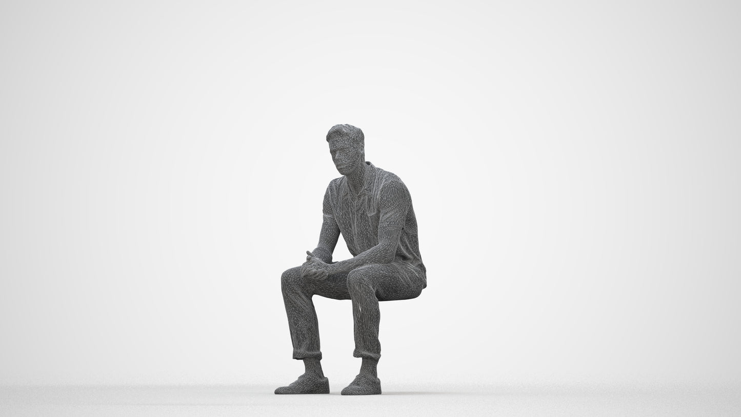 3D scanned man sitting casual, photorealistic archviz people for Enscape and SketchUp, wireframe back view