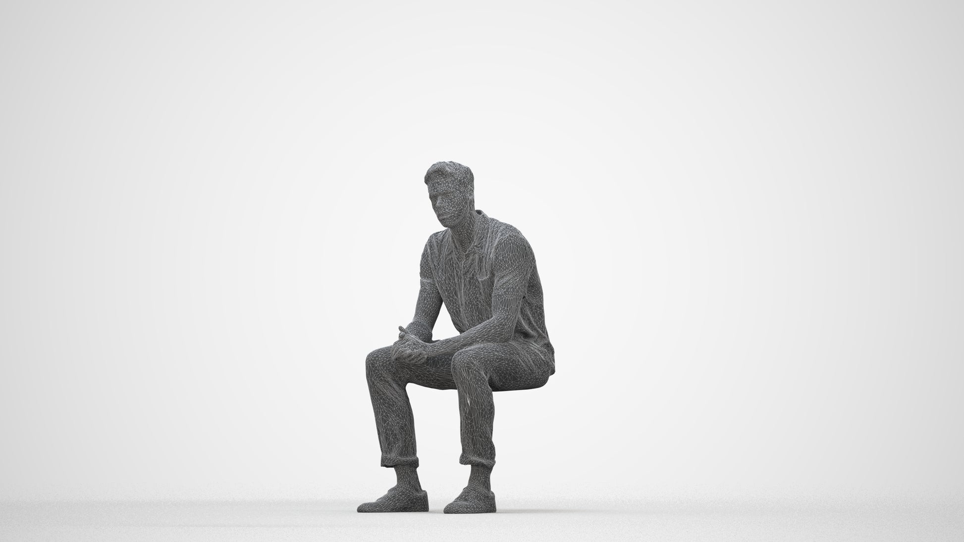 3D scanned man sitting casual, photorealistic archviz people for Enscape and SketchUp, wireframe back view