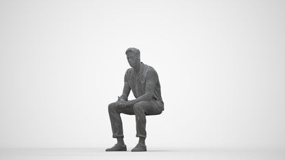 3D scanned man sitting casual, photorealistic archviz people for Enscape and SketchUp, wireframe back view