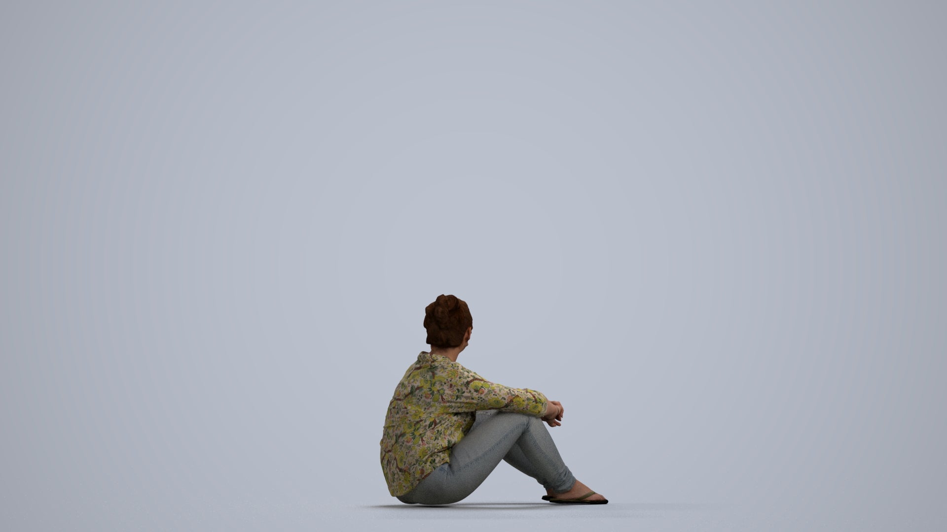 photogrammetry 3D woman casual sitting, realistic human model archviz FBX, front view render