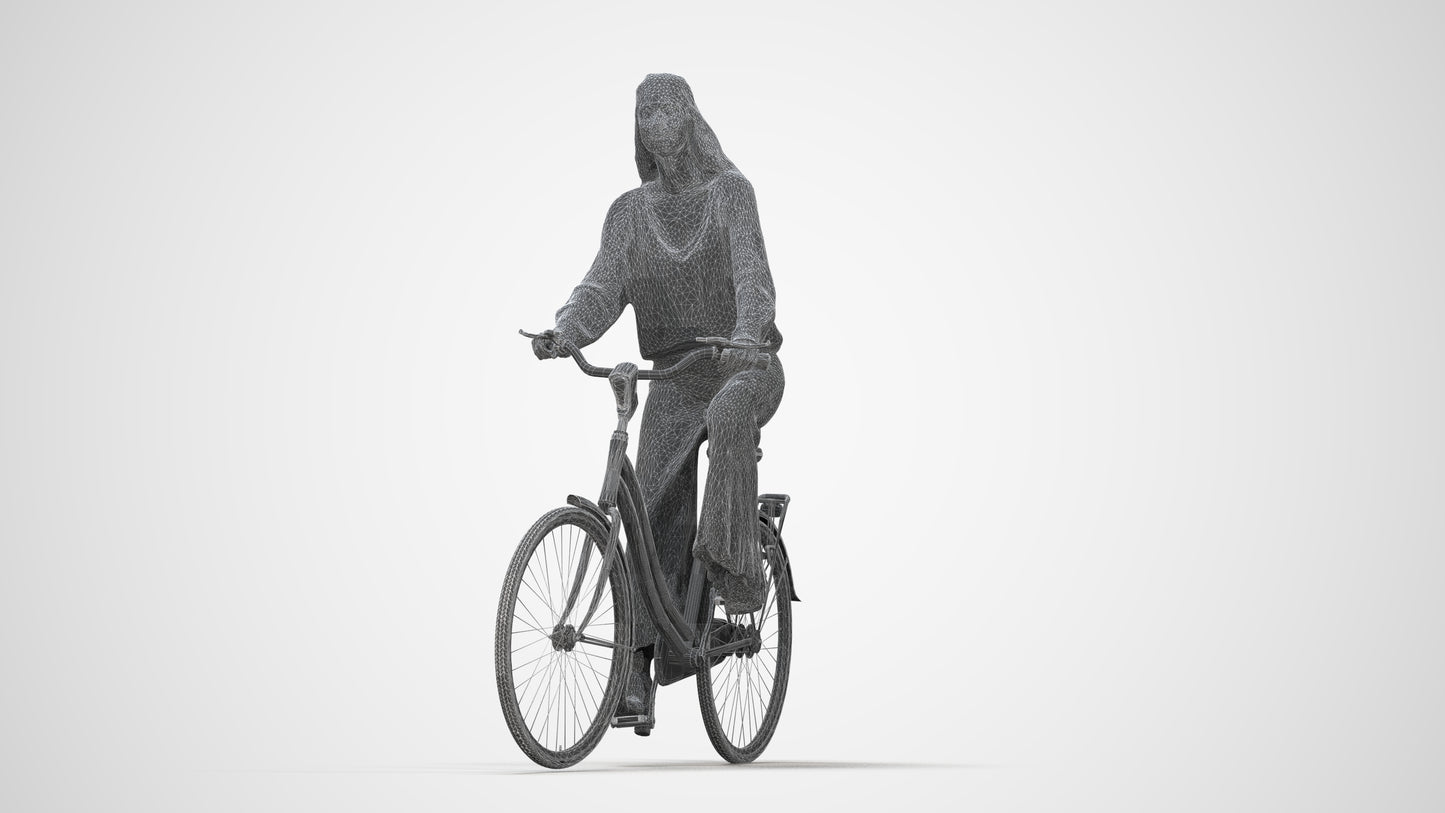 3D human model woman casual cycling, photogrammetry scanned person for archviz, wireframe back view